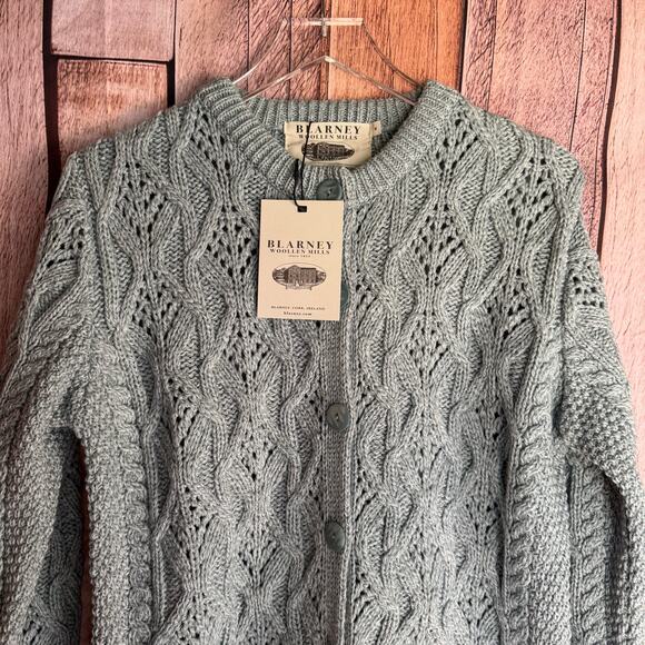 Blarney Woolen Mills Cardigan Sweater Merino Wool Lace Detail Aran Lumber Medium - Picture 3 of 10